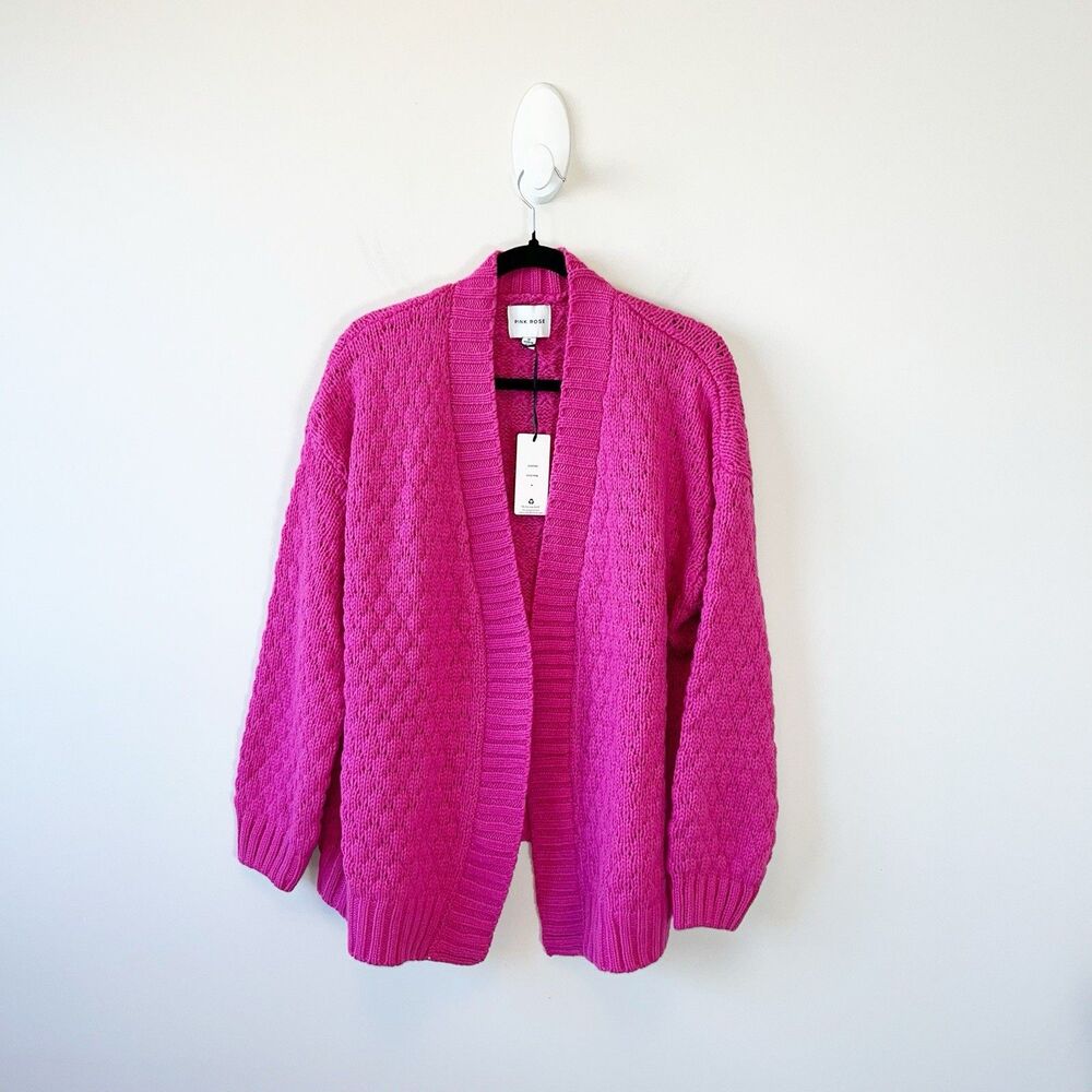 Pink Rose Open-Front Pink Knit Cardigan Cozy Comfy Boho Barbie Size Medium NWT’s